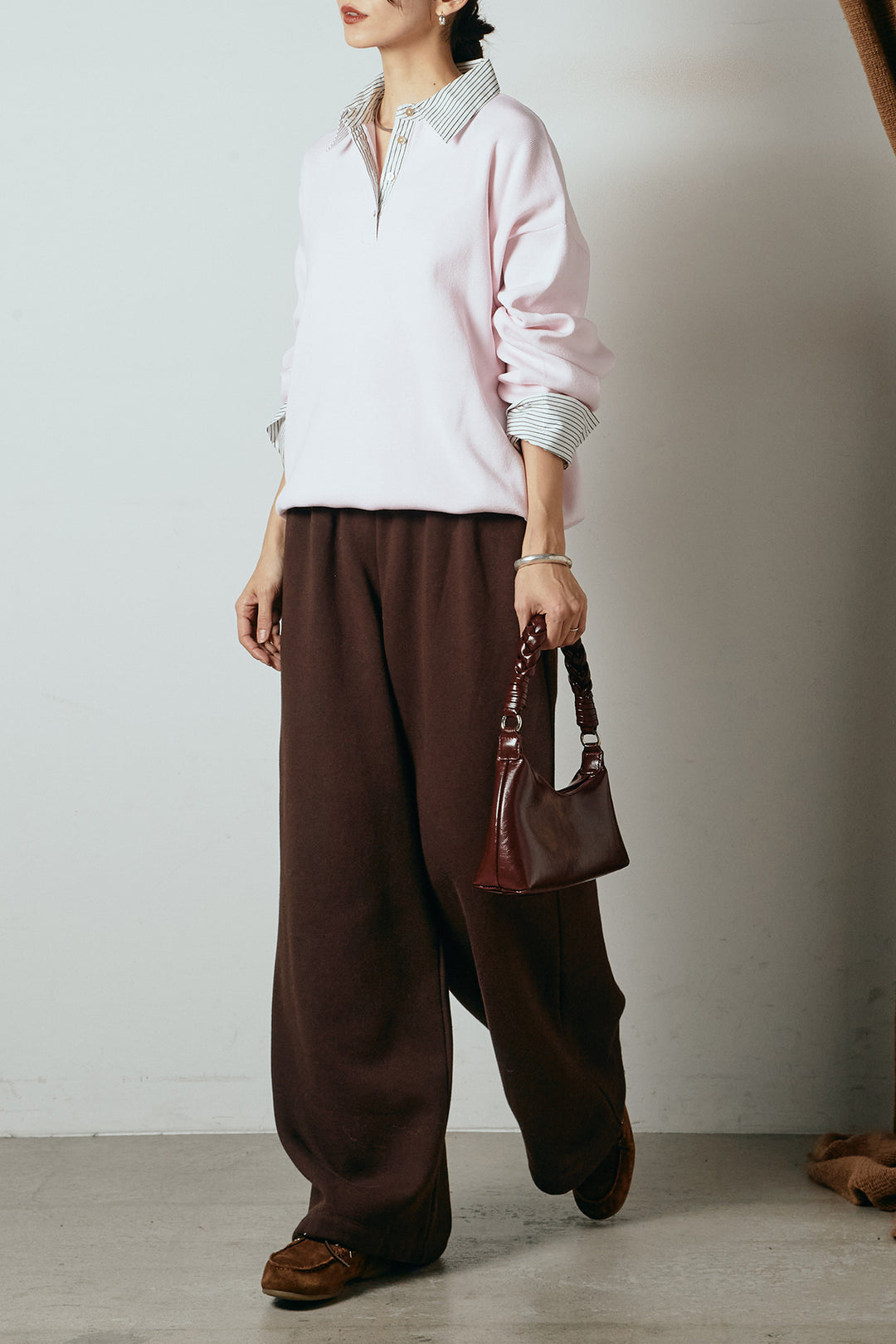 [SET]ストライプシャツドッキングポロトップス+裏起毛スウェットワイドパンツ(2set)