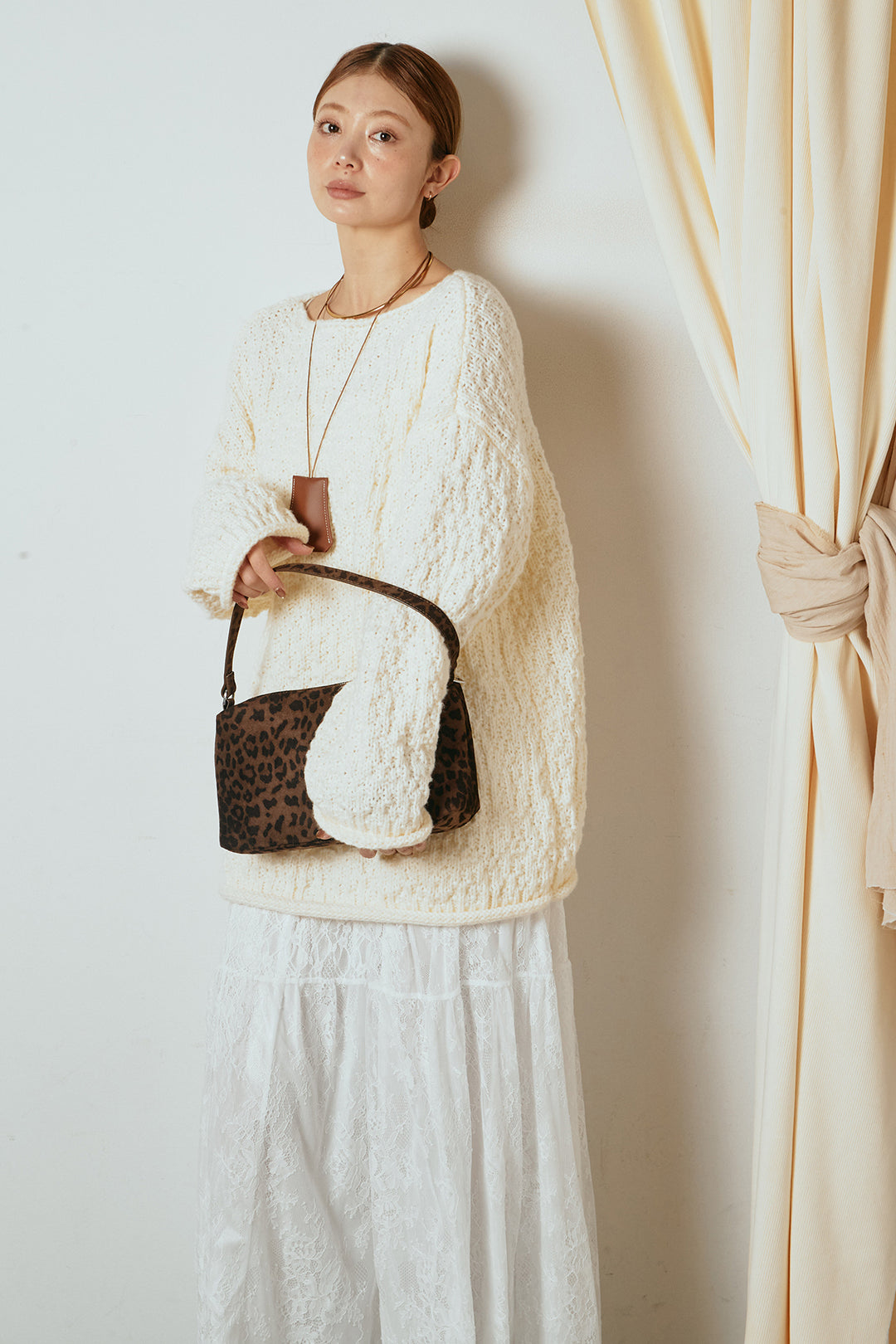 [SET]ボリューム編みニットプルオーバー+ひげレース切替ロング丈スカート(2set)