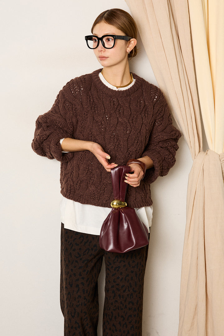 [SET]ケーブルリラックスショートニット+箔プリントBIGシルエットロングスリーブTシャツ+レオパードジャガードニットパンツ(3set)