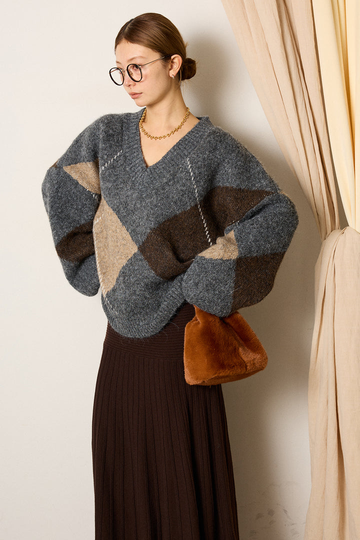 【着回しセット】[SET]ルーズアーガイルVネックニット+ルーズアーガイルVネックニット+編み地切り替えフレアニットスカート(3set)