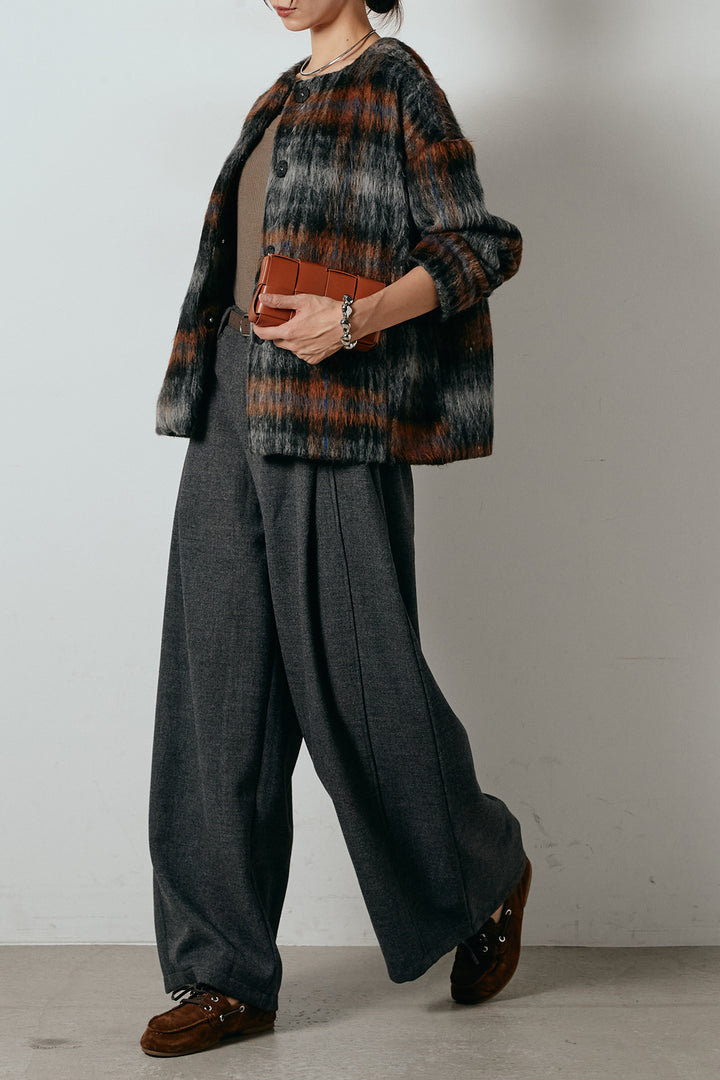 [SET]ノーカラーシャギーチェックアウター+ポーチベルト付きカーブパンツ(2set)