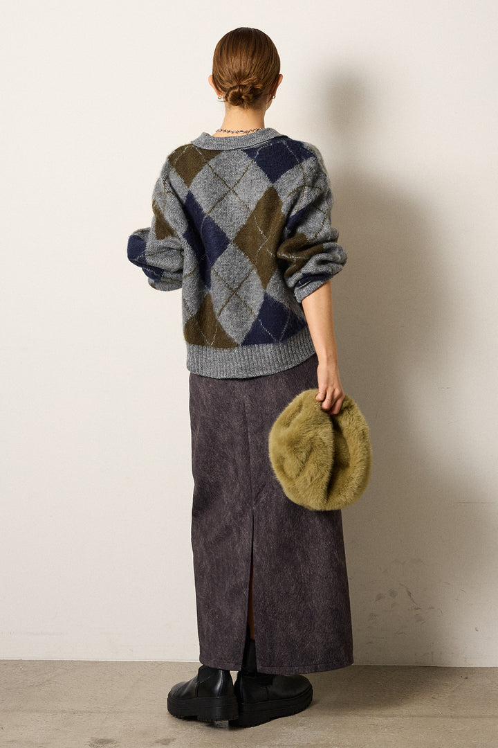 [SET]アクリルモヘアアーガイルキーネックプルオーバー+ロープベルト付きスウェード調スカート(2set)