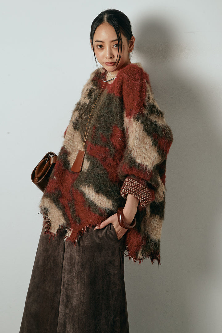 [SET]起毛裾デザインニュアンス柄ニットトップス+エコスウェードワイドスカート(2set)