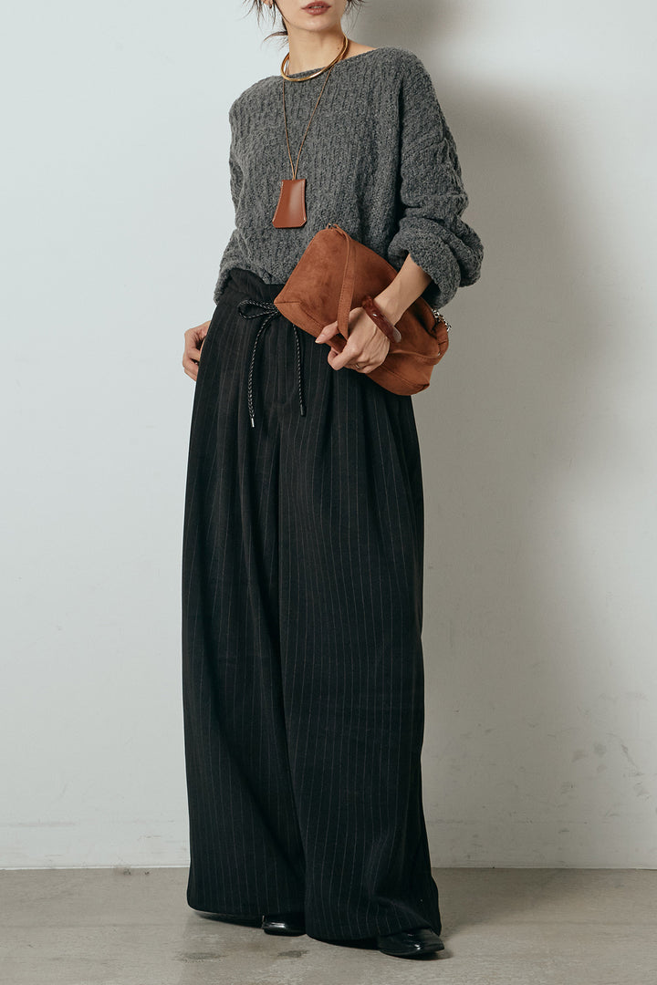 [SET]ボリューム編みニットプルオーバー+編みベルト付きピンストライプワイドパンツ(2set)