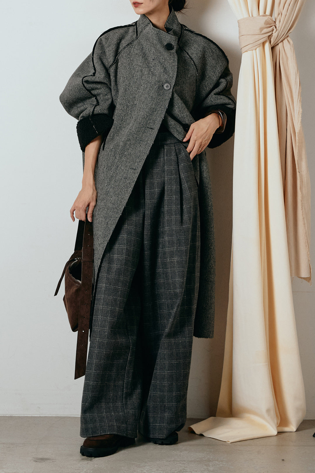 [SET]裏地ボアハイネックロングアウター+ウールライクチェックタックパンツ(2set)