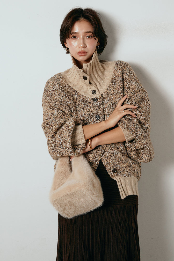 [SET]ハイネックミックスニットカーディガン+編み地切り替えフレアニットスカート(2set)