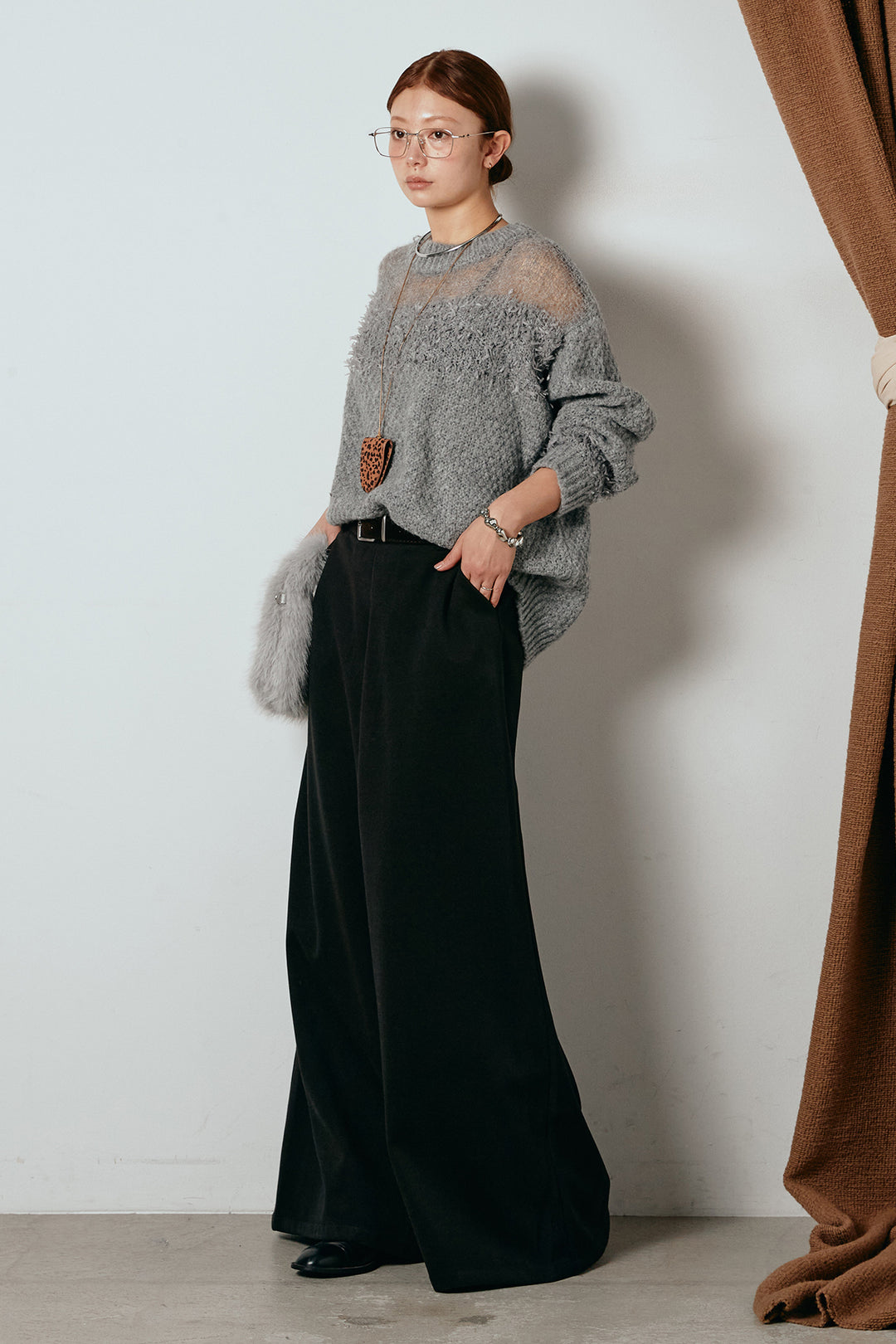 [SET]パターンランダム編みニットトップス+ベルト付きフロントタックデザインパンツ(2set)