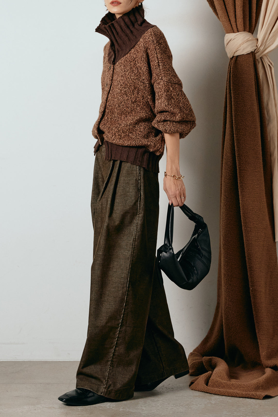 [SET]ハイネックミックスニットカーディガン+フロントタック入りコーデュロイパンツ(2set)