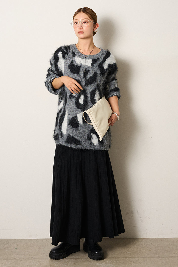 [SET]ルーズアニマルモヘアニットトップス+編み地切り替えフレアニットスカート(2set)