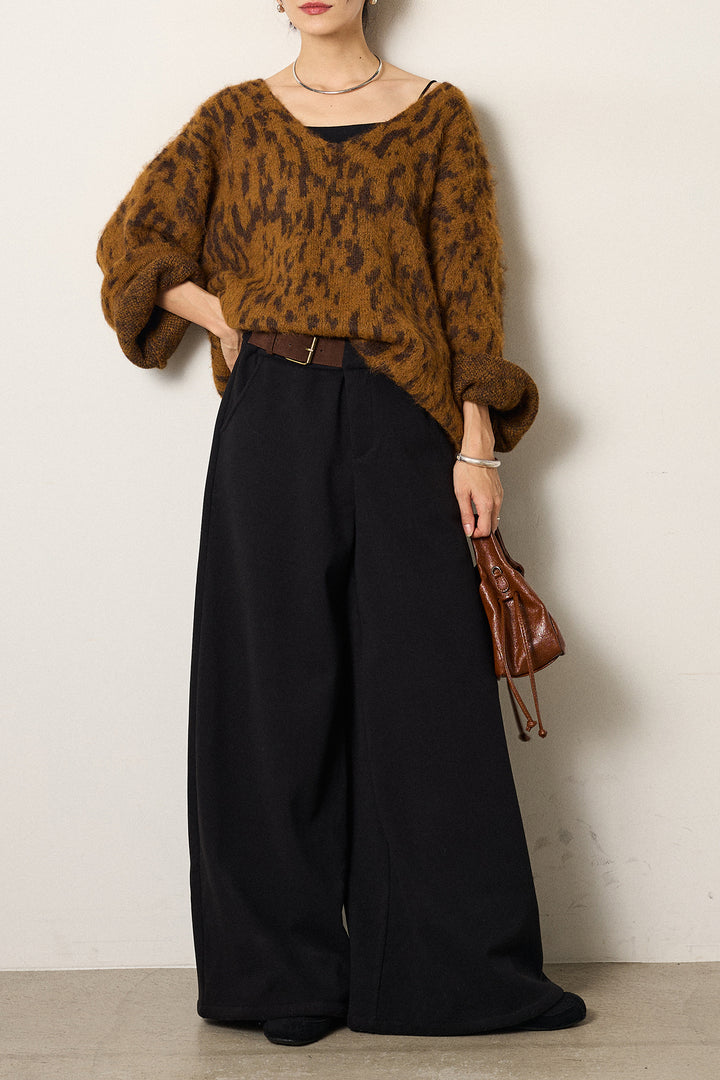 [SET]フラッフィーレオパードシャギーニット+サイドベルトパンツ(2set)