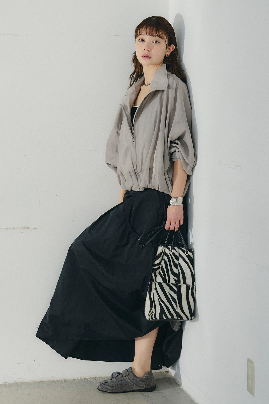 [SET]スタンドネックシアーブルゾン+ナイロンデザインフレアスカート(2set)