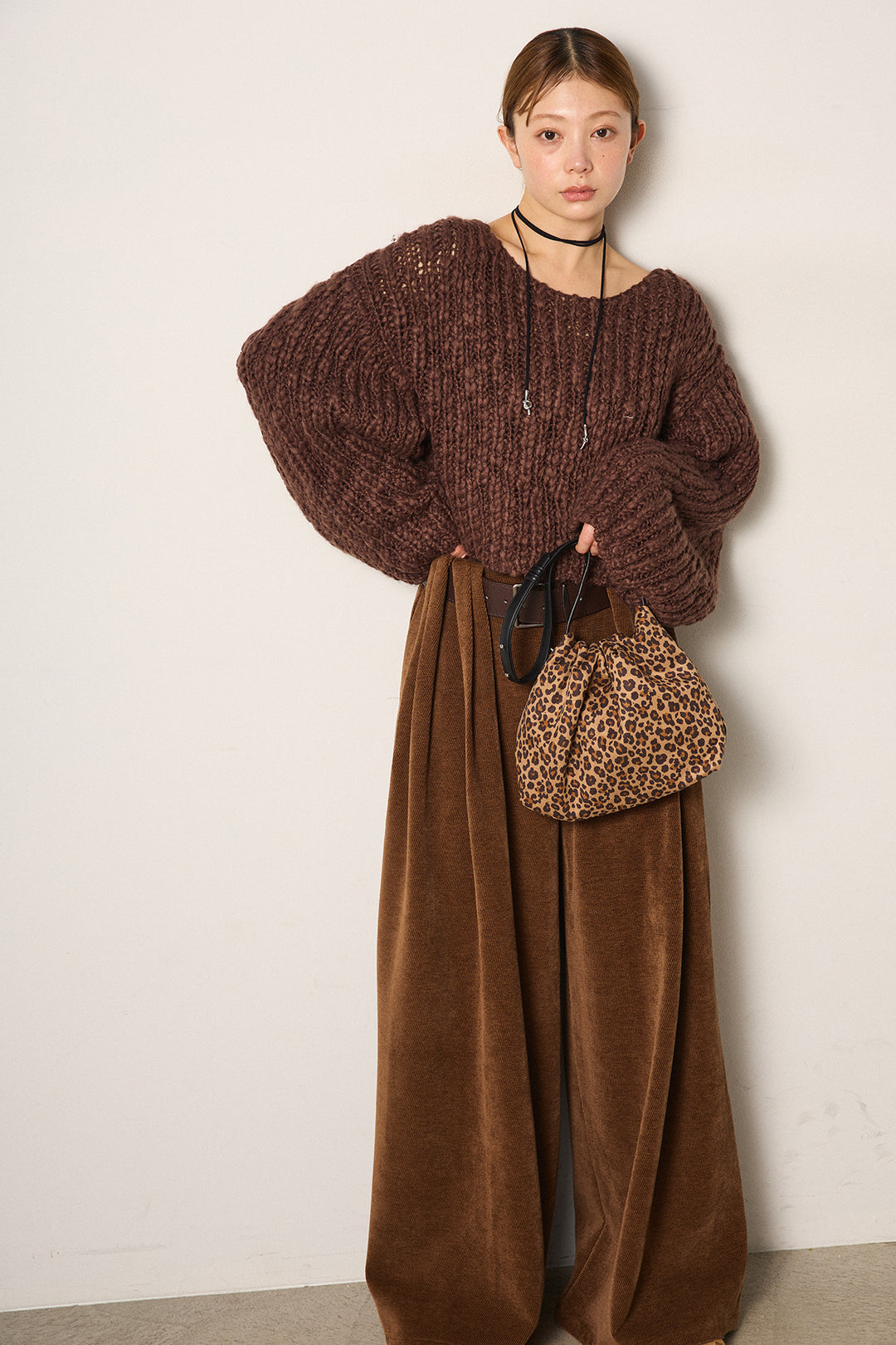 [SET]チャンキースラブニットクロップドプルオーバー+ベルトループコーデュロイワイドパンツ(2set)