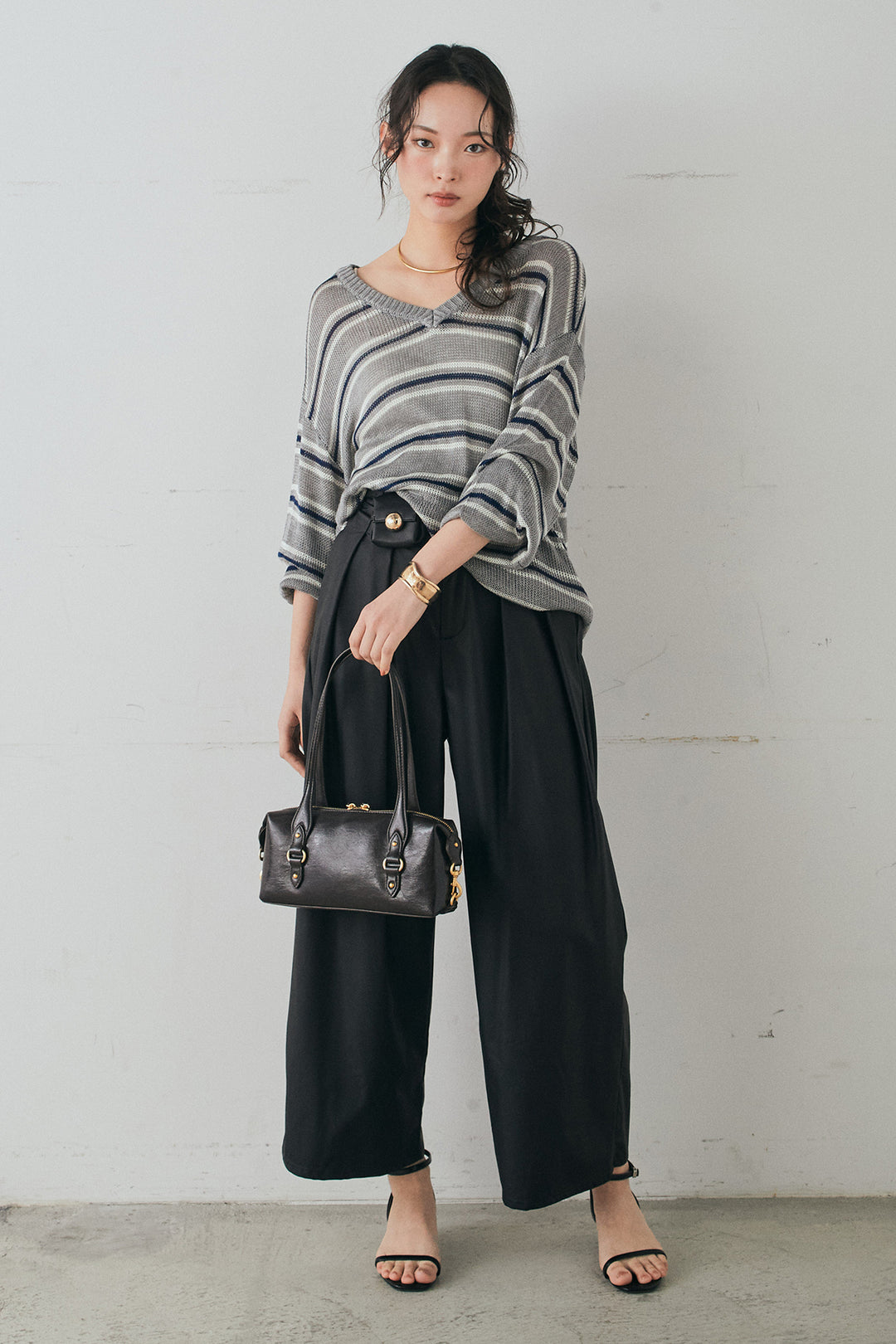 [SET]綿タッチVネックボーダートップス+ウォッシャブルエコレザータックパンツ(2set)