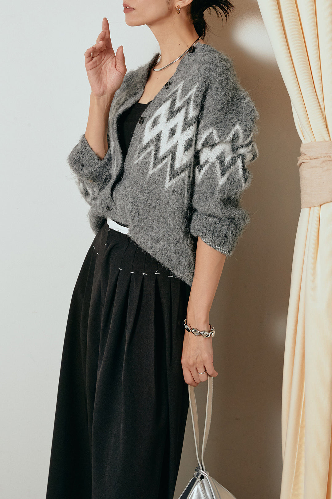 [SET]起毛ノルディック柄ニットカーディガン+ウエストステッチデザインワイドスラックス(2set)