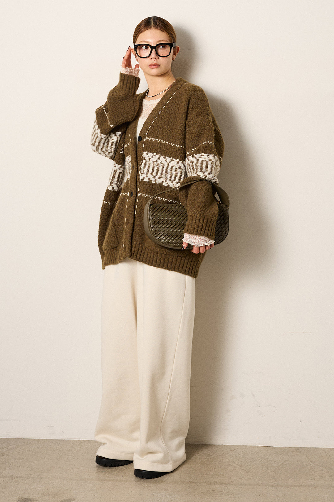 [SET]ライン柄ステッチニットカーディガン+2WAY袖コード刺繍クルーネックプルオーバー+裏起毛スウェットワイドパンツ(3set)