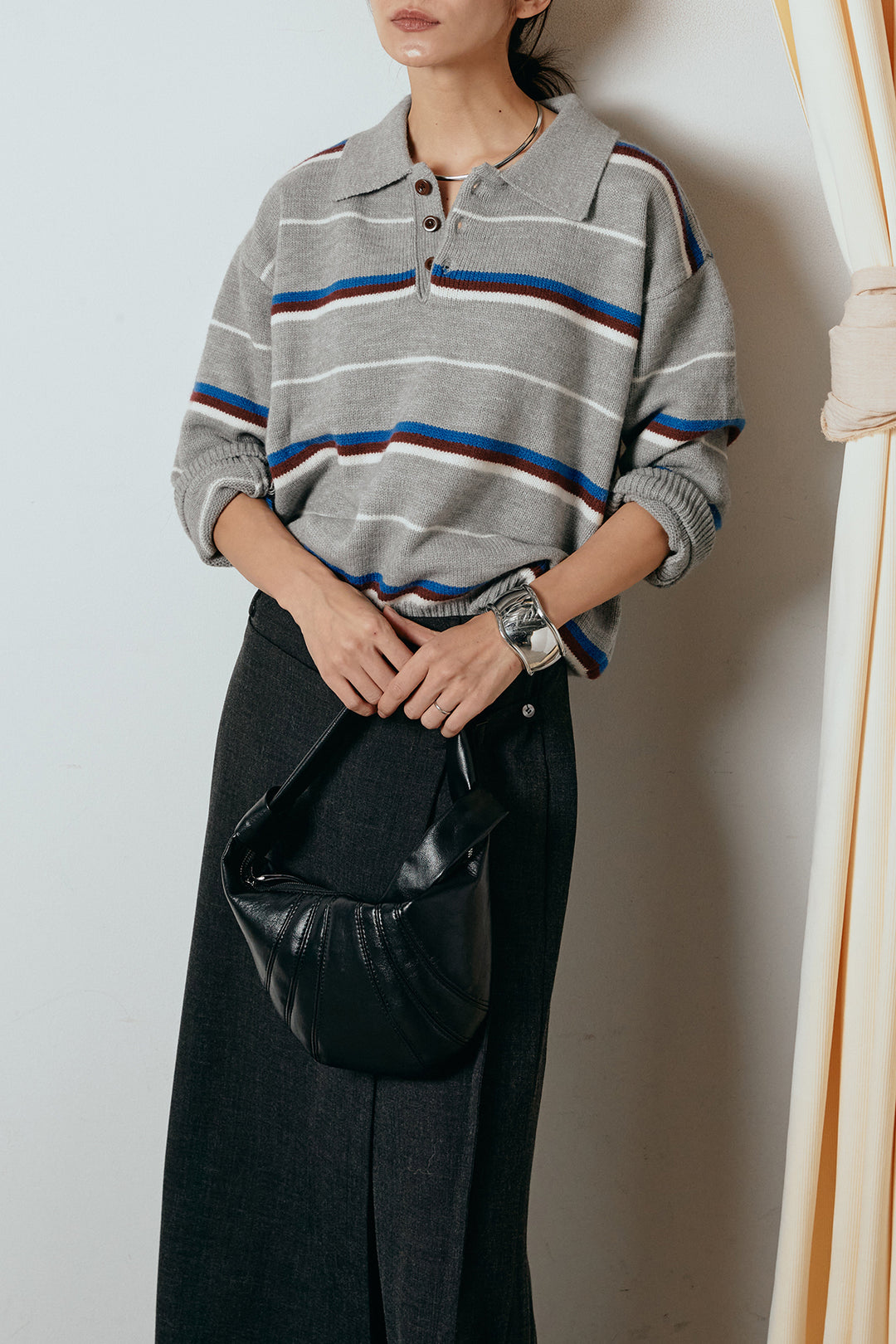 [SET]襟付きマルチボーダーニットポロトップス+ラップ巻きワイドスラックス(2set)