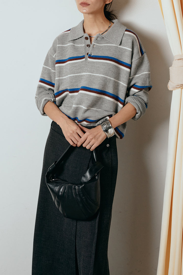 [SET]襟付きマルチボーダーニットポロトップス+ラップ巻きワイドスラックス(2set)