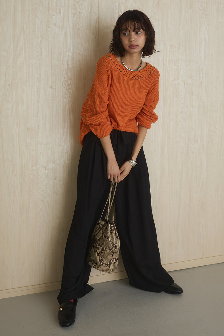 [SET]ネック編みデザインニットトップス+ウエスト折り返しワイドパンツ(2set)