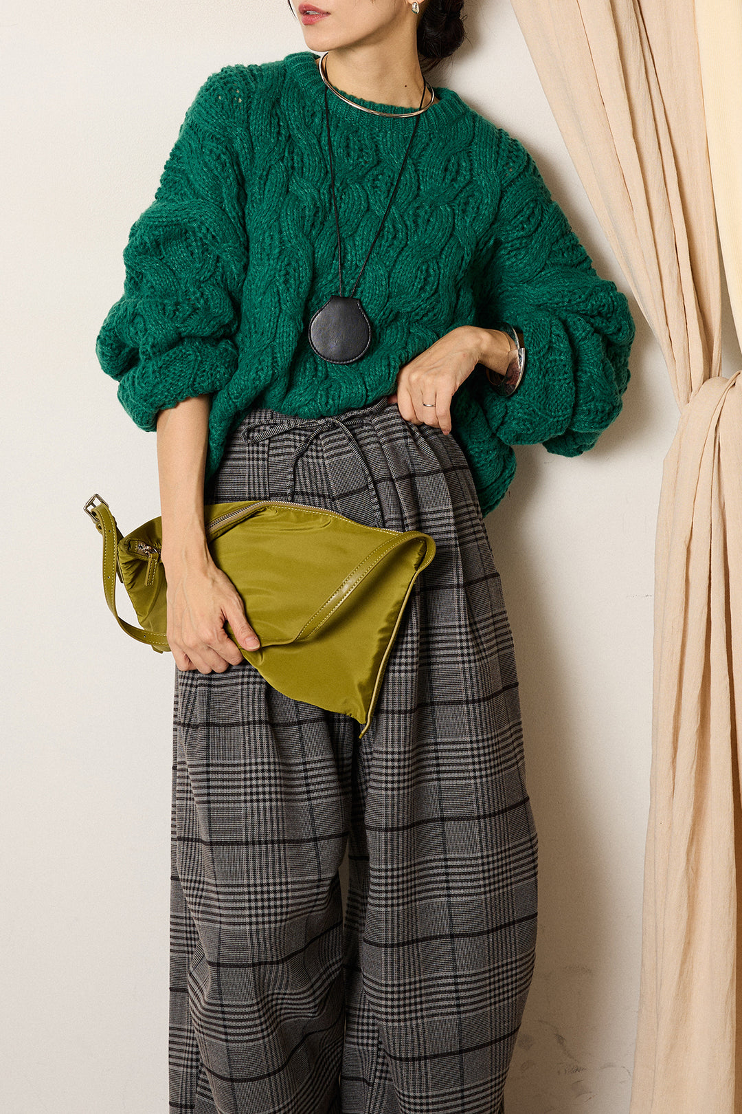 [SET]ケーブルリラックスショートニット+グレンチェックルーズタックパンツ(2set)