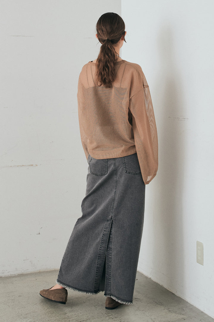 [SET]メッシュカットソースキッパープルオーバー+ウエストクロスデニムタイトスカート(2set)