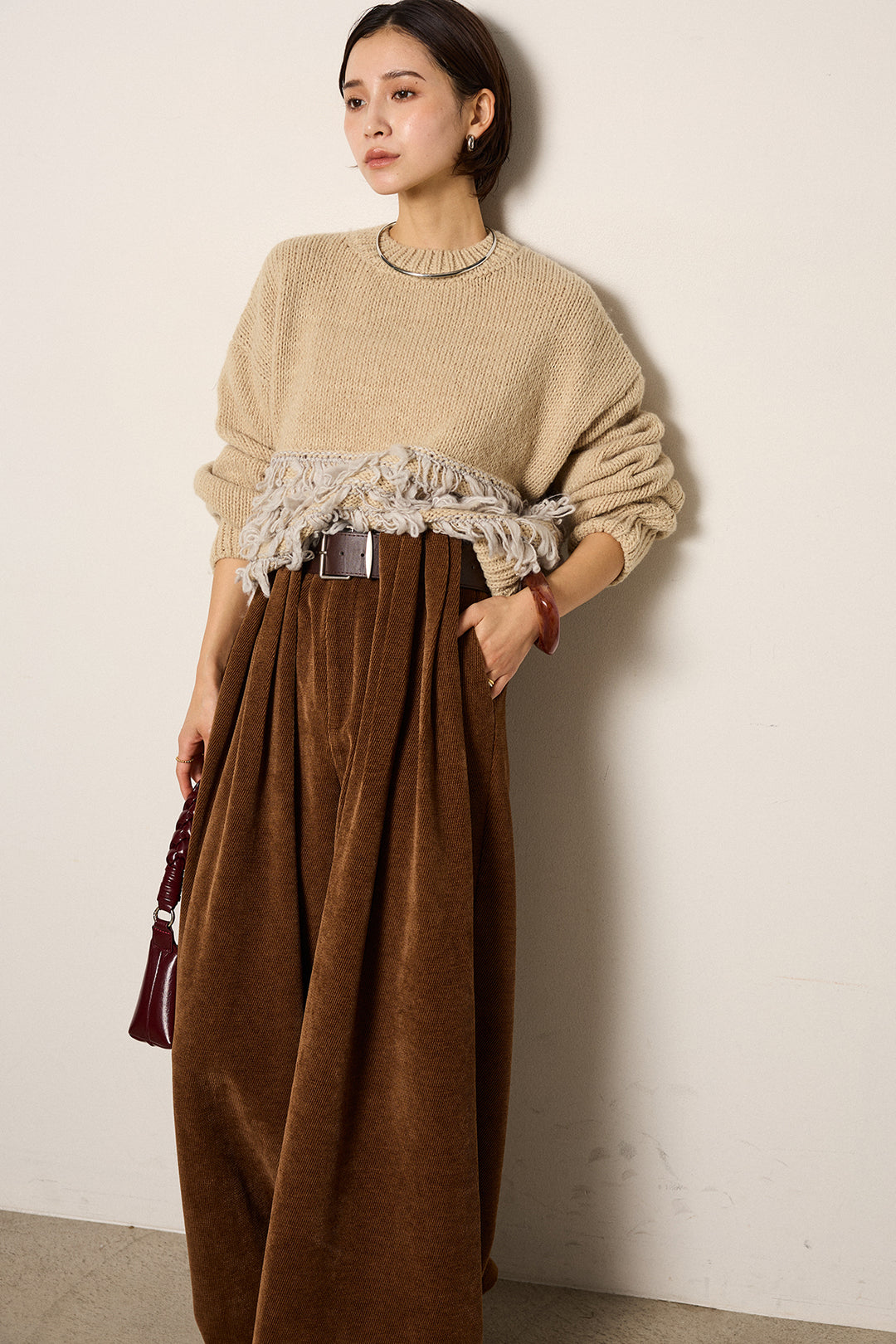 [SET]ループ編み切り替えニットプルオーバー+ベルトループコーデュロイワイドパンツ(2set)