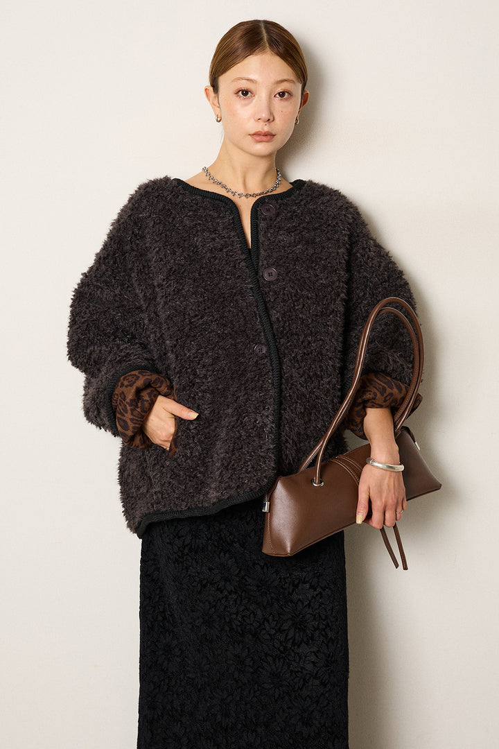 [SET]ノーカラー裏地レオパードボアアウター+花柄刺繍ベロアフレアスカート(2set)