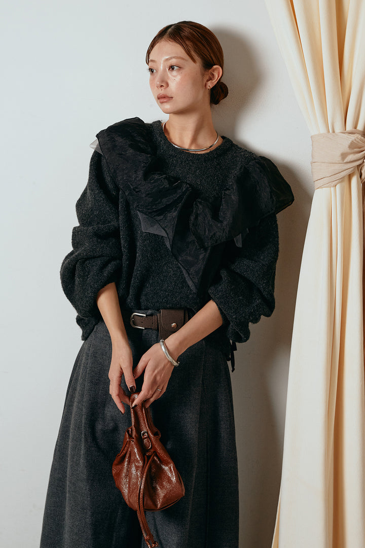 [SET]アシンメトリーフリルニットトップス+ポーチベルト付きカーブパンツ(2set)