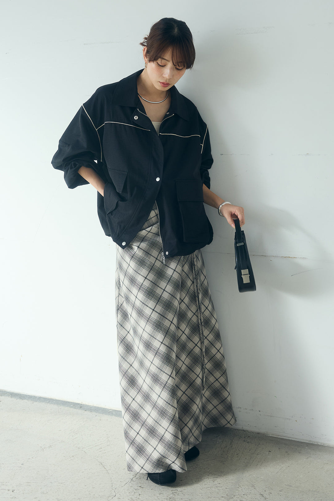 [SET]合繊ツイルバルーンジャケット+タータンチェック柄フロントデザインスカート(2set)