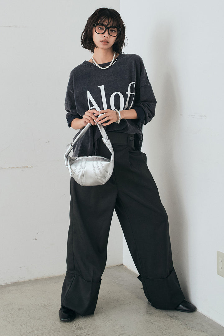 [SET]裾センタードロストロゴプリントワイドTシャツ+センタープレスセミワイドパンツ(2set)