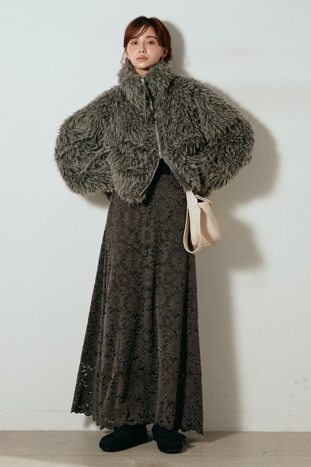 【着回しセット】[SET]ミックスシープファースタンドブルゾン+花柄刺繍ベロアフレアスカート+フェイクウールタックトラウザーズパンツ(3set)