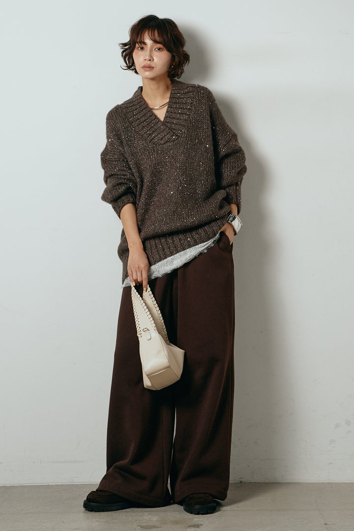 [SET]Vネックラメニットトップス+裏起毛スウェットワイドパンツ+レース切り替えキャミソール(3set)