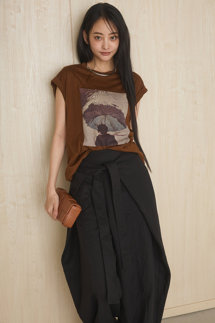 [SET]スクエアニュアンス柄Tシャツ+前結びタックワイドパンツ(2set)