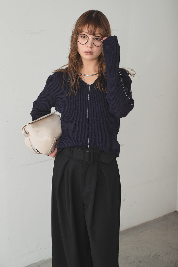 [SET]衿付きニットプルオーバー+ベルト付きツータックワイドパンツ(2set)