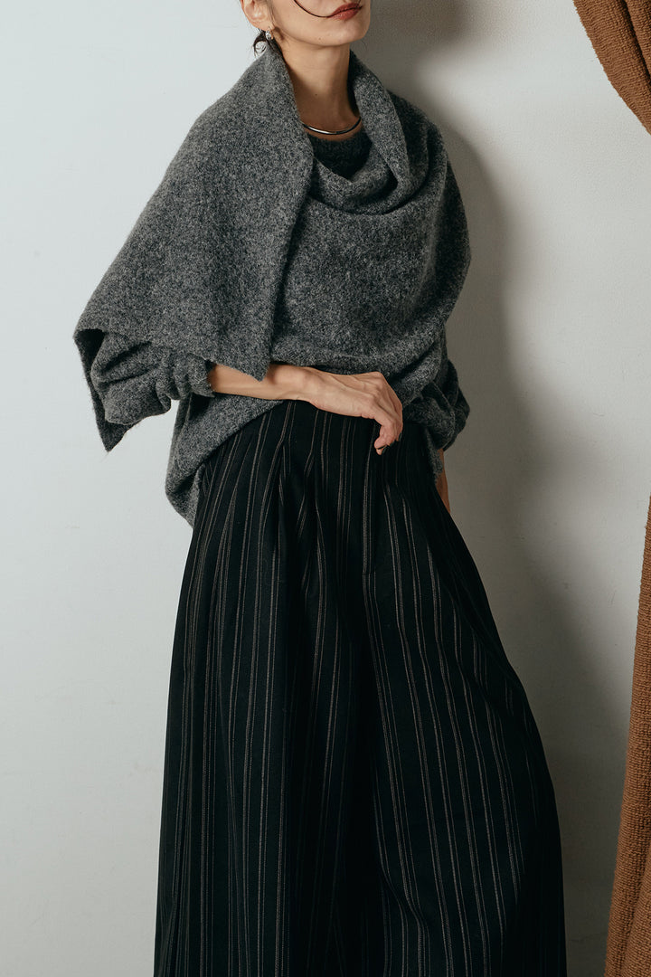 [SET]ネック巻きデザインニットトップス+タック入りマルチストライプ柄ワイドパンツ(2set)