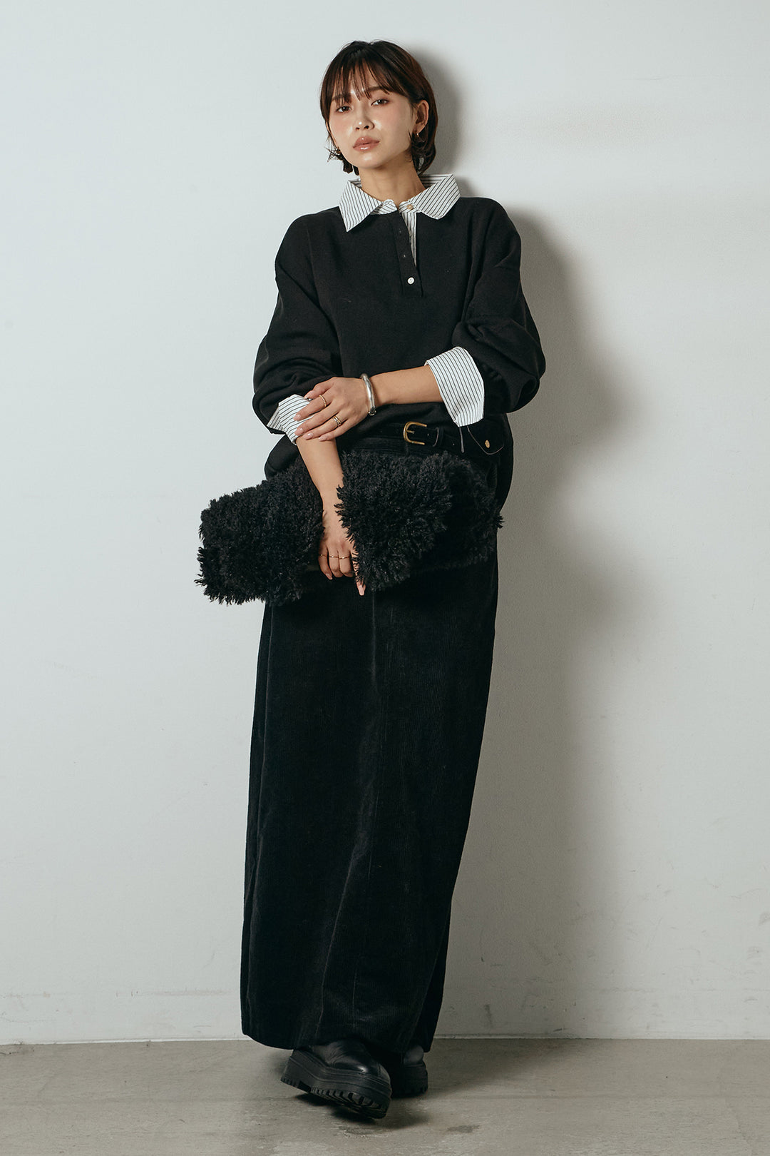 [SET]ストライプシャツドッキングポロトップス+ポーチベルト付きコーデュロイワイドスカート(2set)