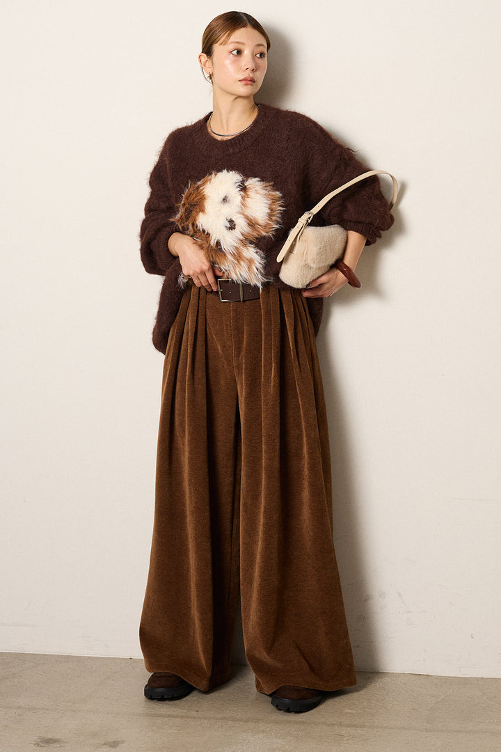 [SET]シャギーニュアンスアニマルニット+ベルトループコーデュロイワイドパンツ(2set)