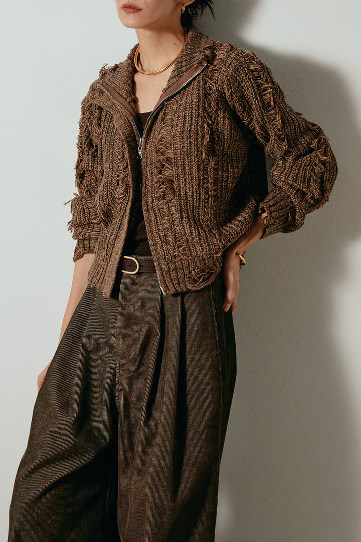 [SET]ハイネックフリンジジップニットトップス+フロントタック入りコーデュロイパンツ(2set)