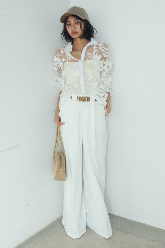 【着回しセット】[SET]リサイクルポリニュアンス釦カーデ+立体フラワー刺繍レースシャツ+ベルトループデザインハイウエストタックパンツ(3set)