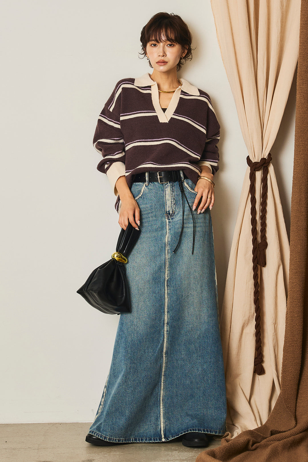 【即納】フェイクレザー太ベルト付きデニムワイドスカート