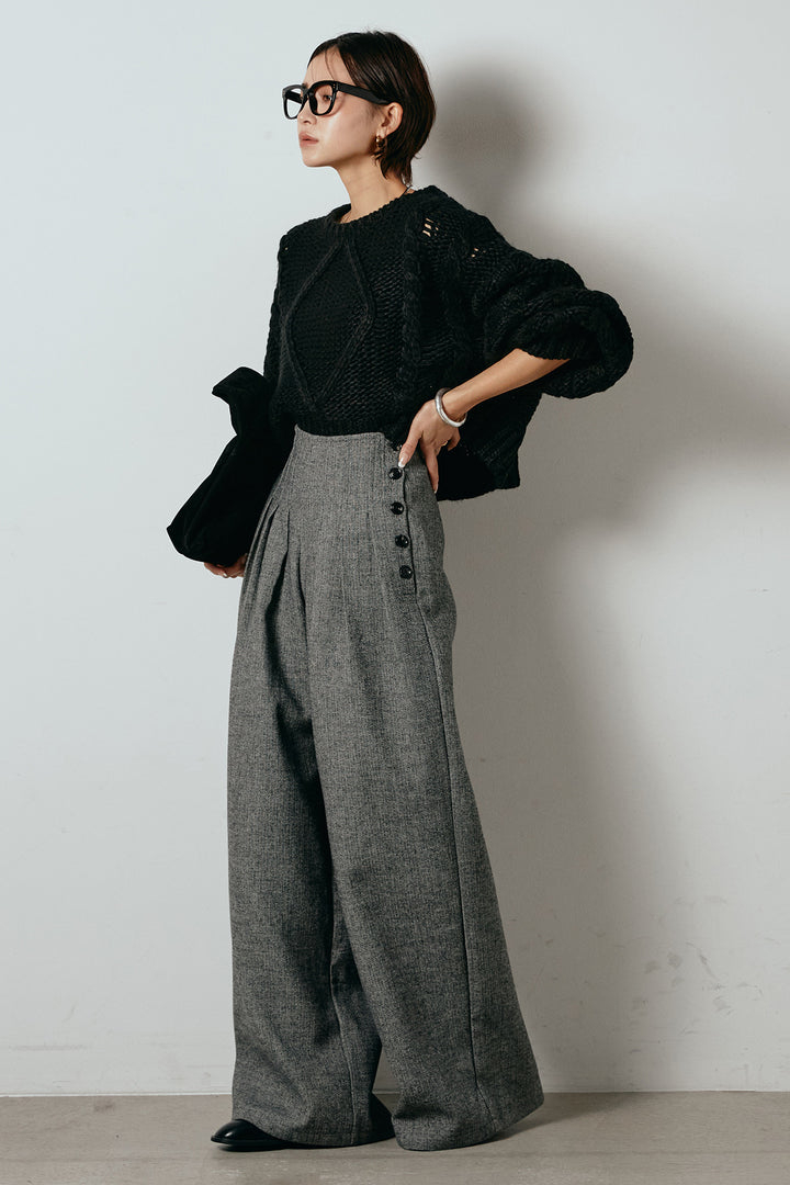 [SET]ロービングケーブルショート丈プルオーバー+サイドボタンツイードタックパンツ(2set)