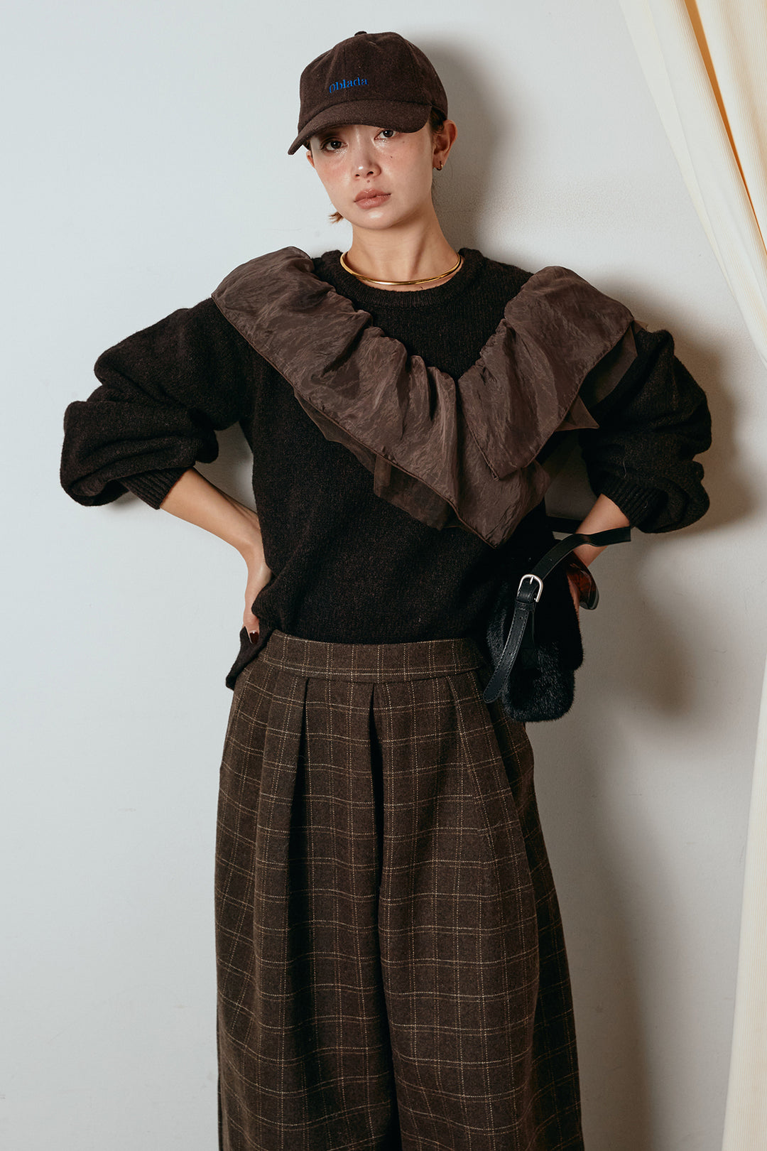 [SET]アシンメトリーフリルニットトップス+ウールライクチェックタックパンツ(2set)
