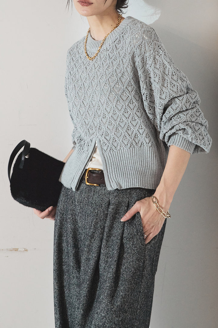 [SET]透かし編みニットジップスリットプルオーバー+タックツイードワイドパンツ(2set)