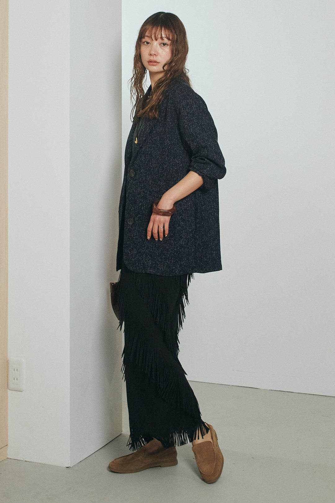 [SET]ミックスツイードベルト付きジャケット+斜めフリンジデザインスカート(2set)