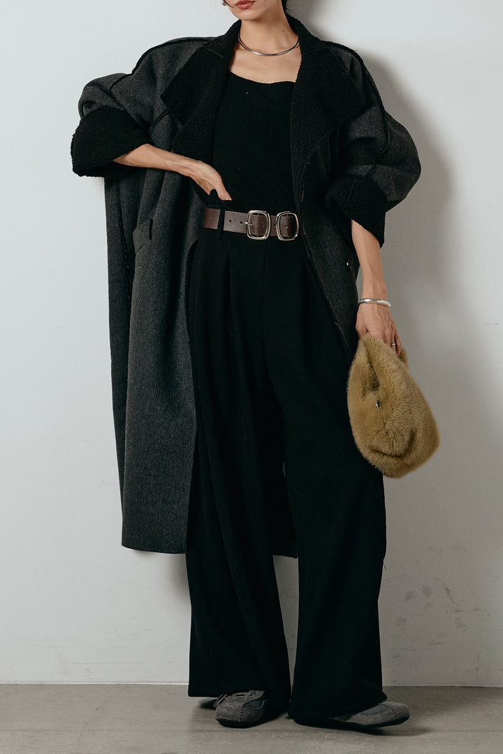 [SET]裏地ボアハイネックロングアウター+フェイクレザー太ベルト付きタックワイドパンツ(2set)