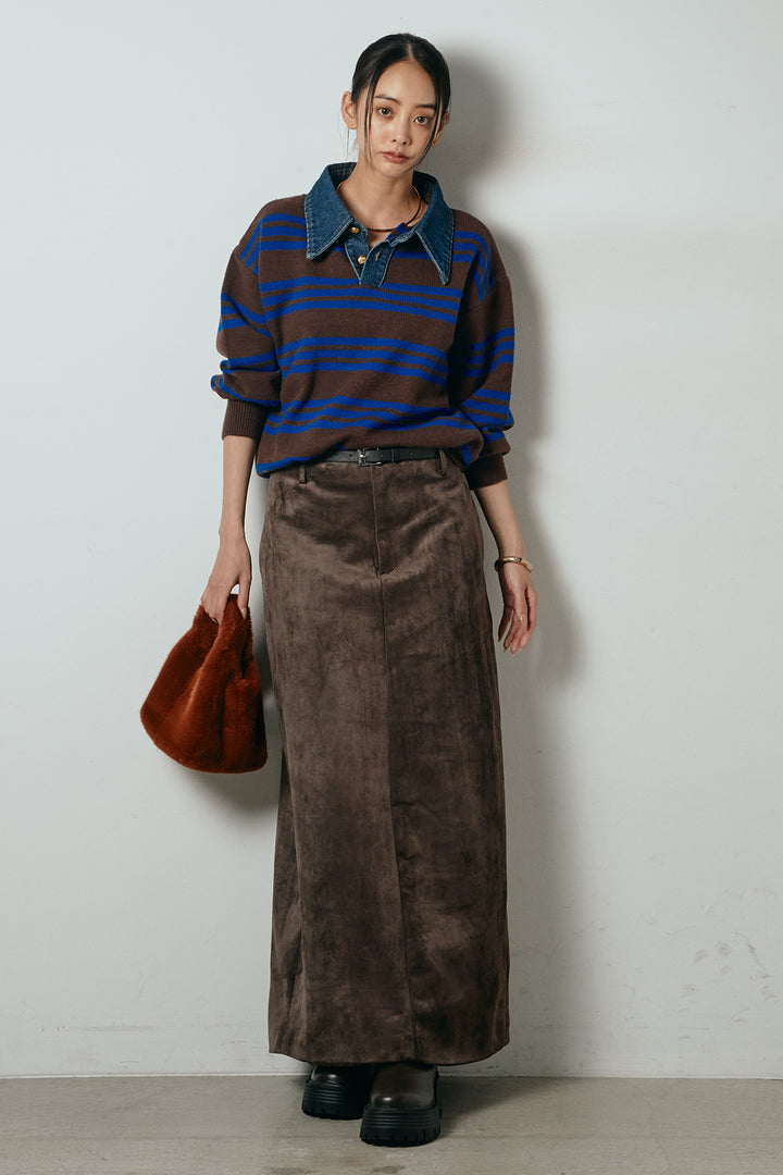 [SET]デニムレイヤード風ランダムボーダーニットプルオーバー+エコスウェードワイドスカート(2set)