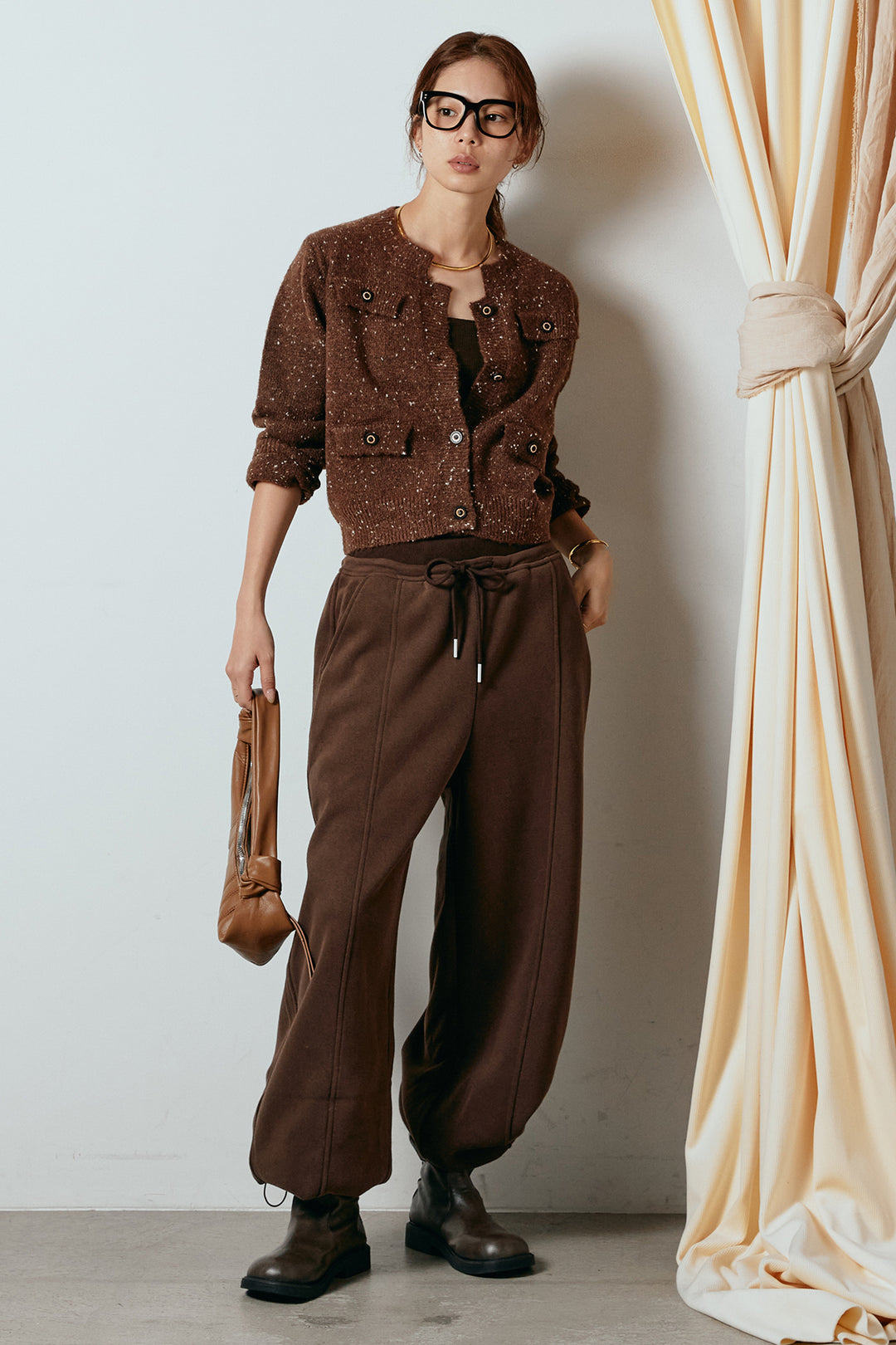 [SET]ネップニットカーディガン+スウェットワイドカーブパンツ(2set)