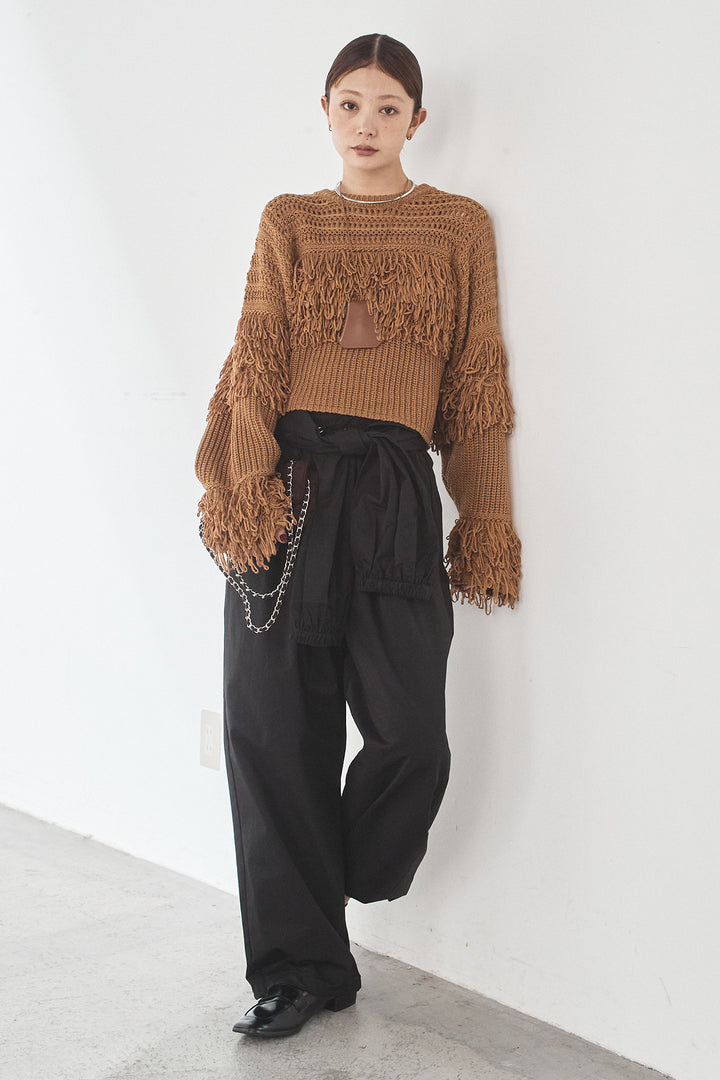 [SET]メッシュフリンジ切り替えプルオーバー+合繊ツイルスタンドウエスト巻きジョガーパンツ(2set)
