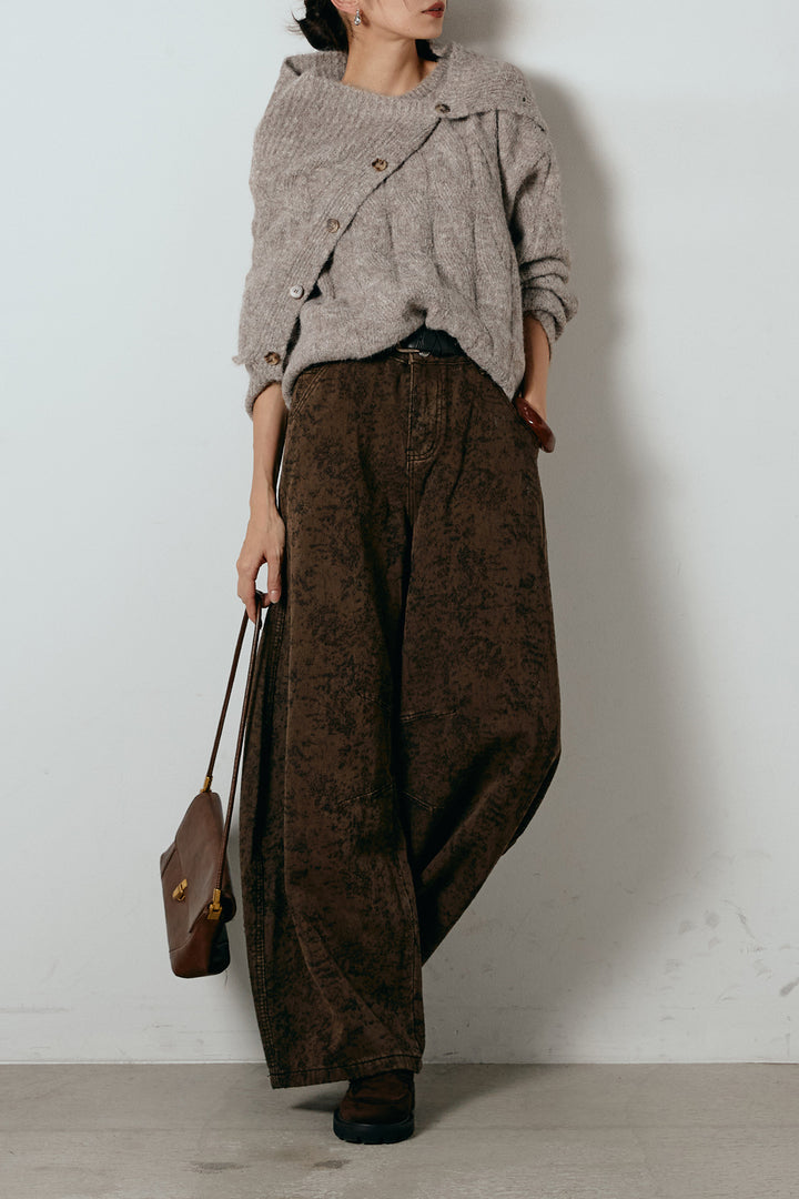 [SET]ケープデザインケーブルニットトップス+ベルト付きニュアンス柄カーブワイドパンツ(2set)
