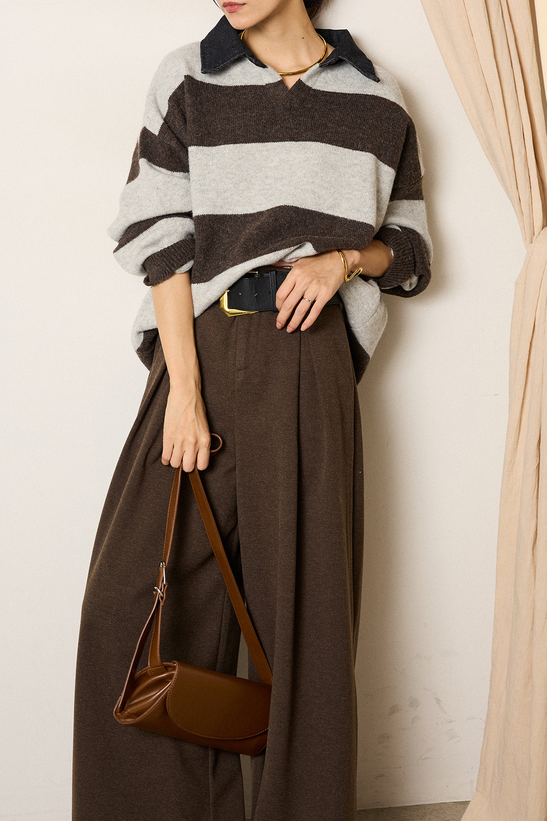 [SET]デニムカラーボーダールーズニット+ゴールドバックル太ベルト付きワイドパンツ(2set)