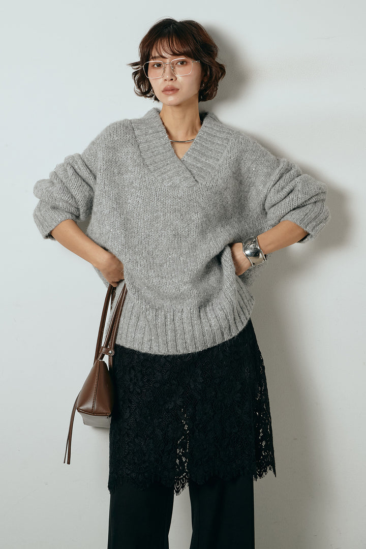 [SET]Vネックラメニットトップス+レース刺繍レイヤードフレアパンツ(2set)